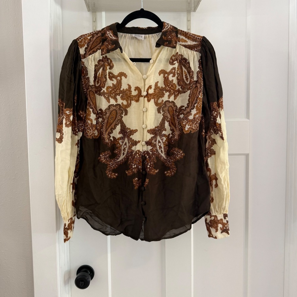 Hemant and Nandita Omya Boho Shirt Brown Paisley Linen Blend XS Boho Ethereal